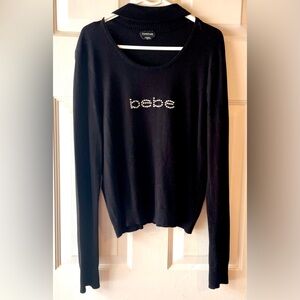 Bebe Black Clear Rhinestone Logo Cutout Choker Neckline Long Slve Sweater Large